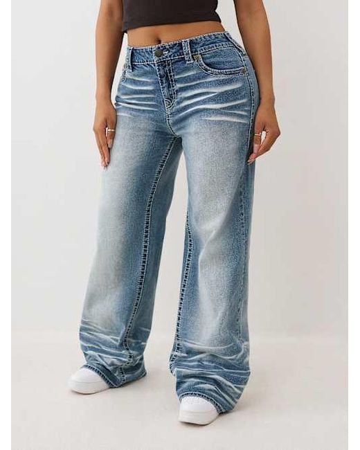 True Religion Blue Bobbi Mid Rise Big T Baggy Jean