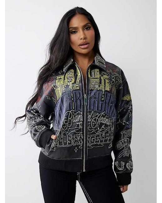 True Religion Gray Embroidered Faux Leather Jacket