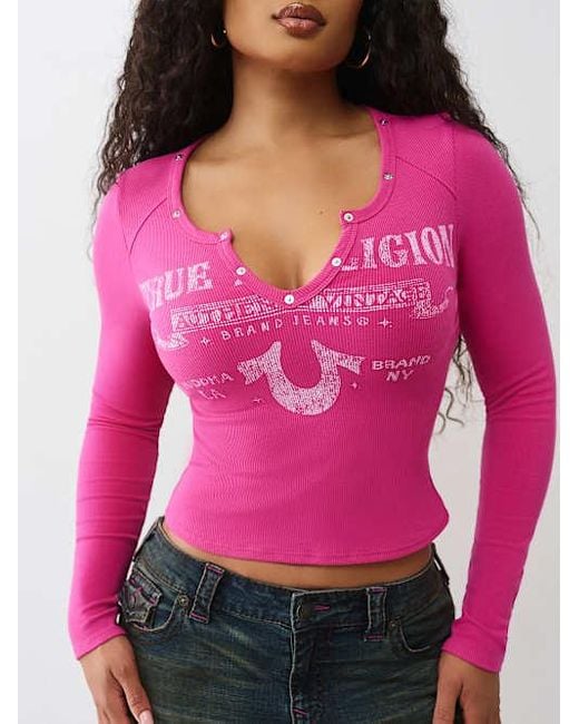 TRUE RELIGION Women's Pink Ribbed V Notch Long Sleeve T-shirt