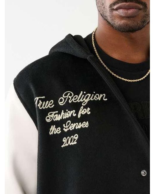 True Religion White Hooded Varsity Jacket for men