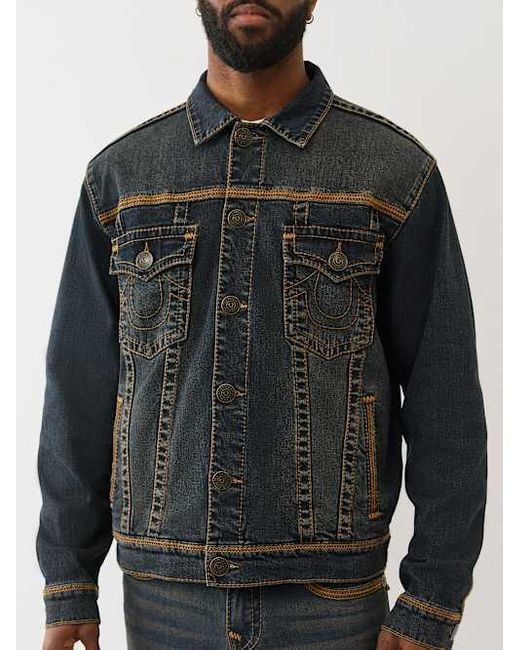 True Religion Black Super T Flatlock Denim Trucker Jacket for men