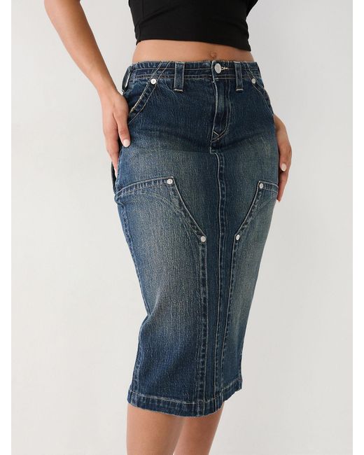 True Religion Utility Midi Denim Skirt in Blue Lyst