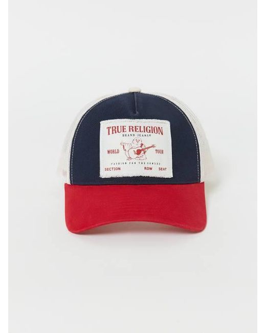 True Religion Red Colorblock Frayed Trucker Hat