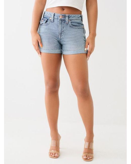 True Religion Blue Jennie Embroidered Mid Rise Short