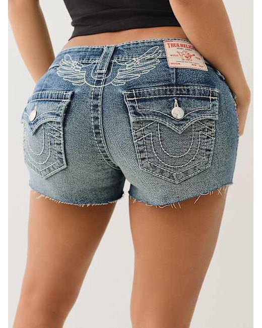 True Religion Blue Joey Big T Winged Horseshoe Frayed Short