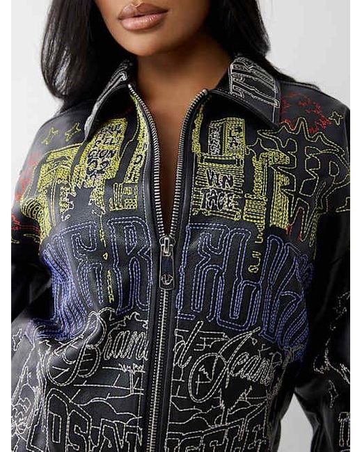 True Religion Gray Embroidered Faux Leather Jacket