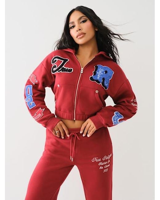 True Religion Crystal Patch Zip Varsity Hoodie in Red | Lyst
