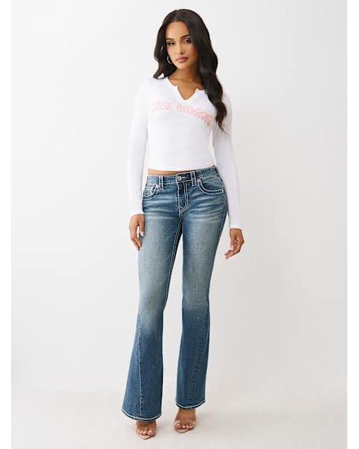 True Religion White Crystal Applique V Notch Long Sleeve T-shirt