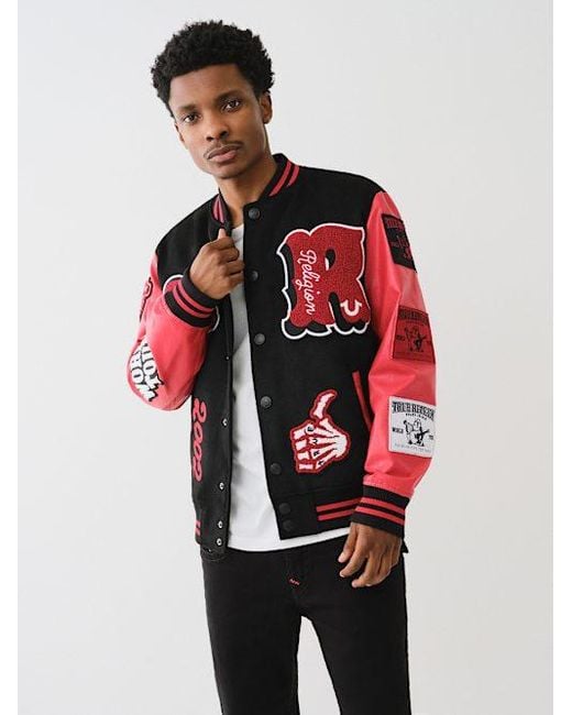 TRUE RELIGION Chenille Logo Patch Varsity Jacket in Red for Men | Lyst