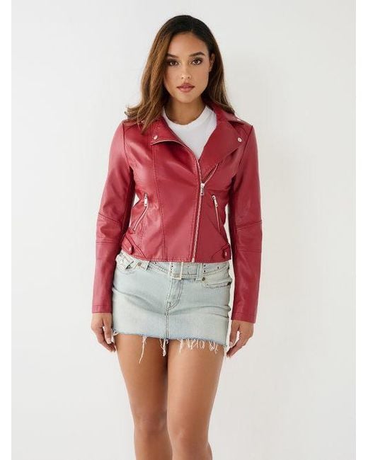 True Religion Red Faux Leather Moto Jacket