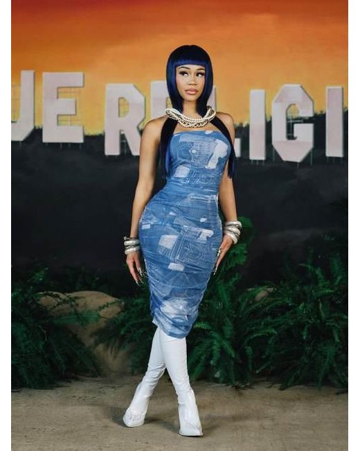 True Religion Blue Jean Graphic Ruched Mesh Midi Dress