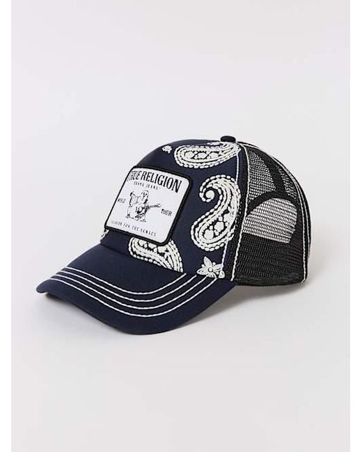 True Religion Paisley Logo Patch Trucker Hat in Blue | Lyst