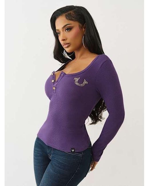 True Religion Purple Ribbed Logo Henley Shirt
