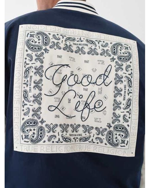 True Religion Blue Good Life Varsity Bomber Jacket for men