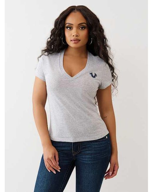 TRUE RELIGION Women's Blue Crushed Crystal Horseshoe V Neck T-shirt