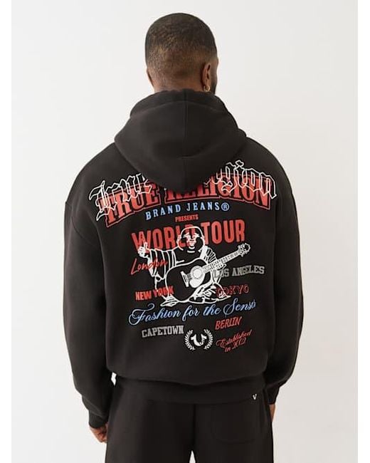 TRUE RELIGION Men's Black Multi Logo Print Zip Hoodie
