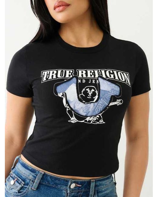 True Religion White Distressed Jean Print Hs Stitched Baby Tee