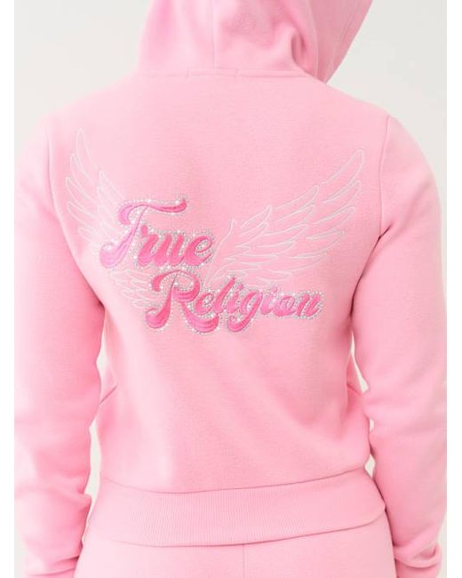 TRUE RELIGION Women's Pink Classic Winged Crystal Zip Hoodie