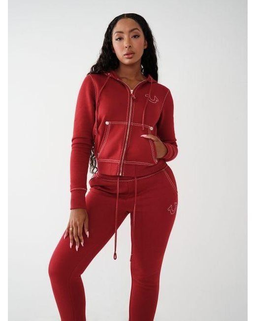 TRUE RELIGION Women's Red Big T Stitch Logo Zip Hoodie
