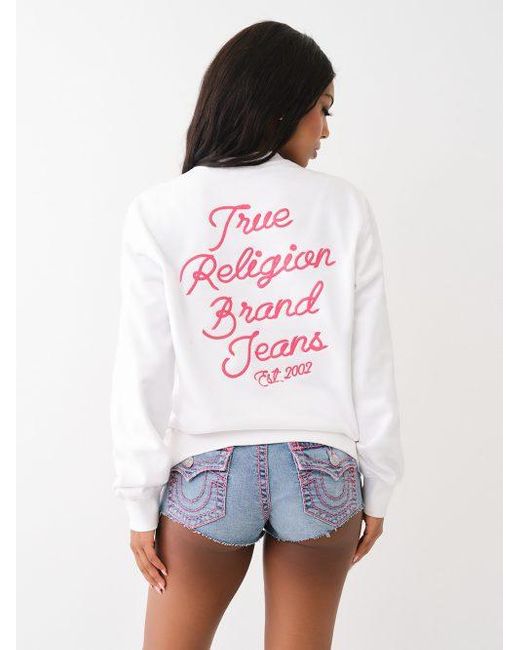 True Religion White Embroidered Fleece Boyfriend Sweater