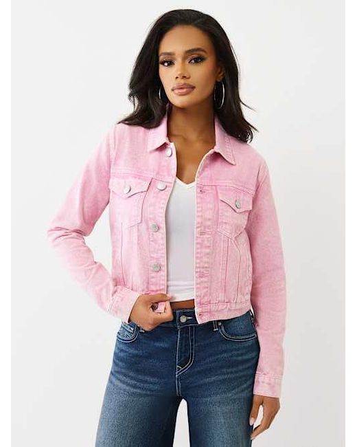 True Religion Red Acid Wash Cropped Trucker Jacket