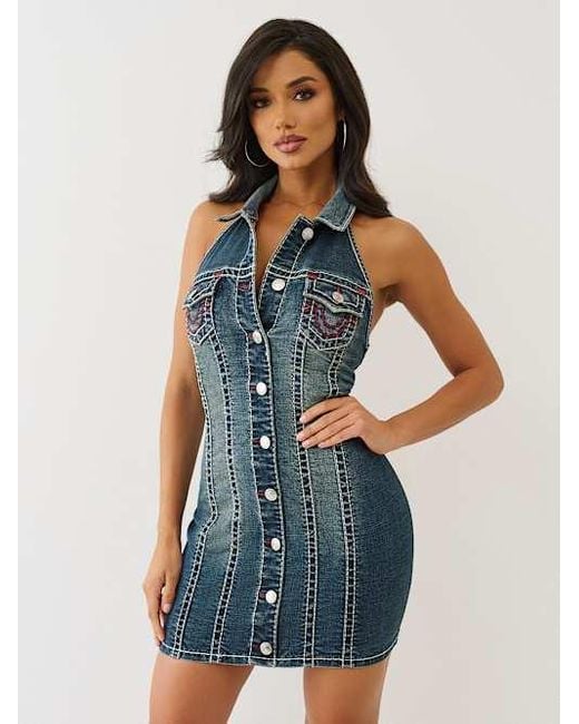 true religion halter dress TRUE RELIGION Denim Halter Super T Dress in Blue