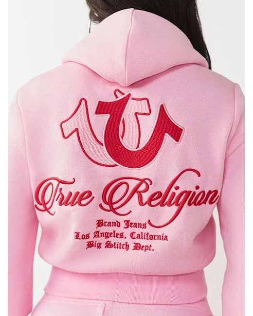 TRUE RELIGION Embroidered Big T Shrunken Zip Hoodie in Pink | Lyst
