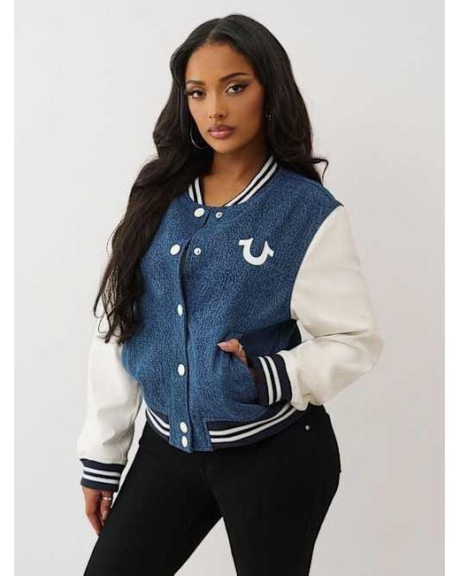 True Religion Blue Crystal Wing Denim Varsity Jacket