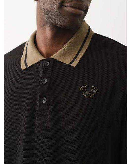 True Religion Black Horseshoe Waffle Knit Polo Shirt for men
