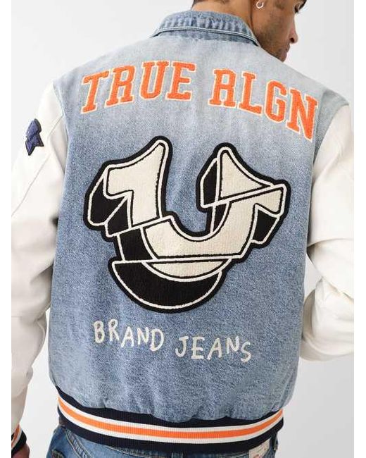 True Religion Gray Jimmy Denim Varsity Jacket for men
