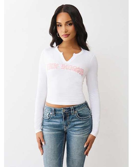 True Religion White Crystal Applique V Notch Long Sleeve T-shirt