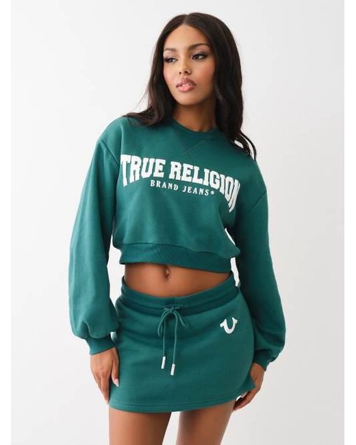 True Religion Green Puff Print Logo Crop Sweatshirt