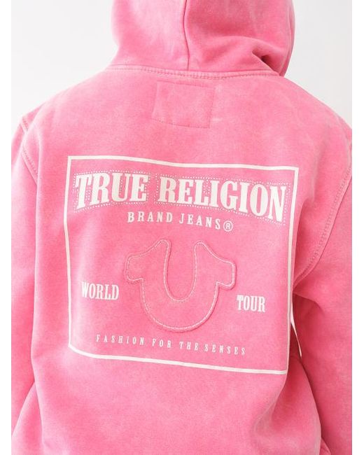 True Religion Pink Acid Wash Big T Boyfriend Zip Hoodie