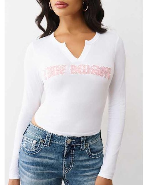 True Religion White Crystal Applique V Notch Long Sleeve T-shirt