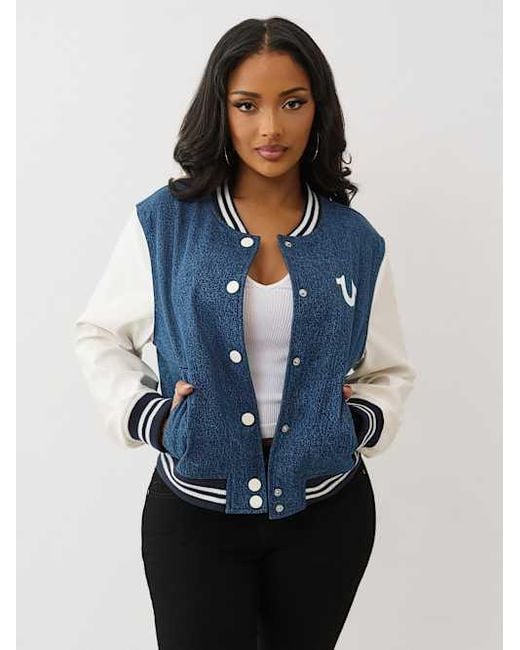 True Religion Blue Crystal Wing Denim Varsity Jacket