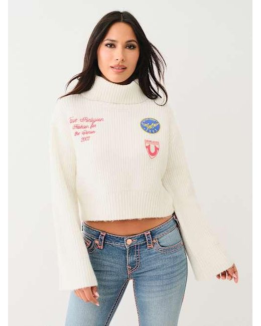 True Religion White Patch Embroidery Turtleneck Sweater