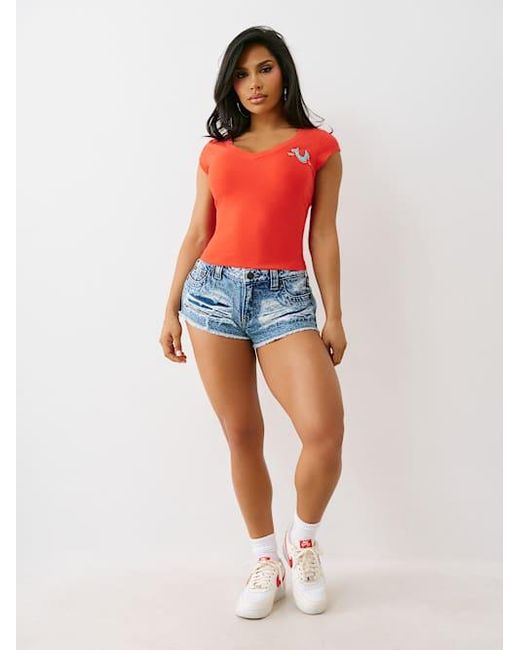 True Religion Red Crystal Logo Low Plunge T-shirt