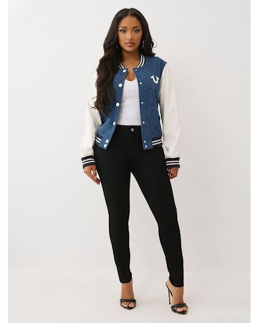 True Religion Blue Crystal Wing Denim Varsity Jacket