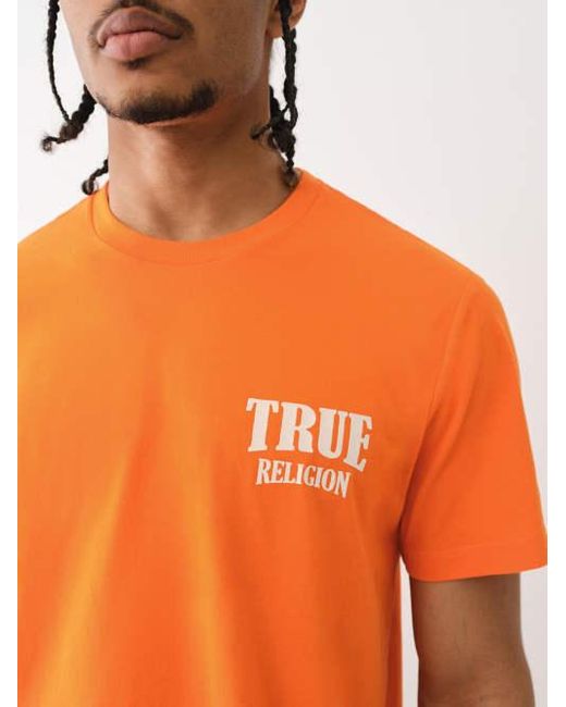 True Religion Orange Flocked Horseshoe Logo Tee for men