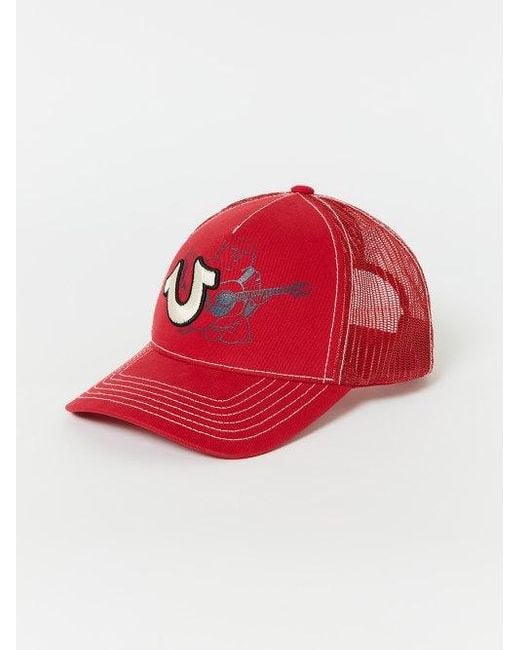True Religion Red Horseshoe Buddha Trucker Hat