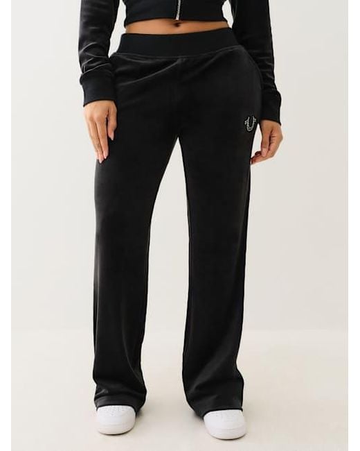 True Religion Black Velour Crystal Horseshoe Straight Leg Pant