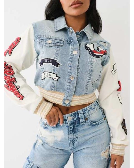 True Religion Blue Patch Varsity Denim Crop Jacket