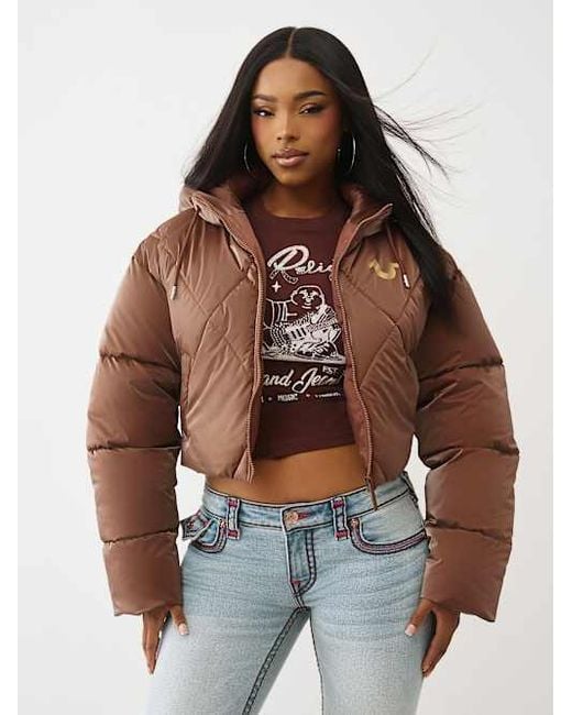 True Religion Brown High-shine Hooded Puffer Jacket