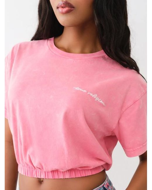 True Religion Pink Embroidered Crop Bubble Top