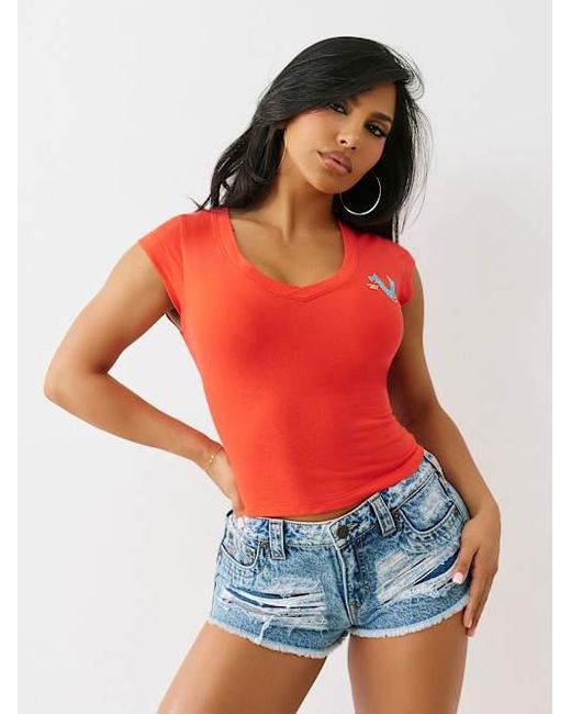 True Religion Red Crystal Logo Low Plunge T-shirt