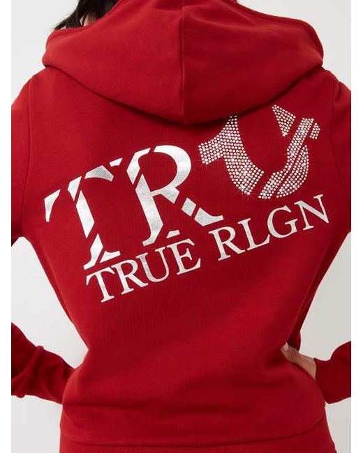 True Religion Red Metallic Crystal Logo Zip Hoodie