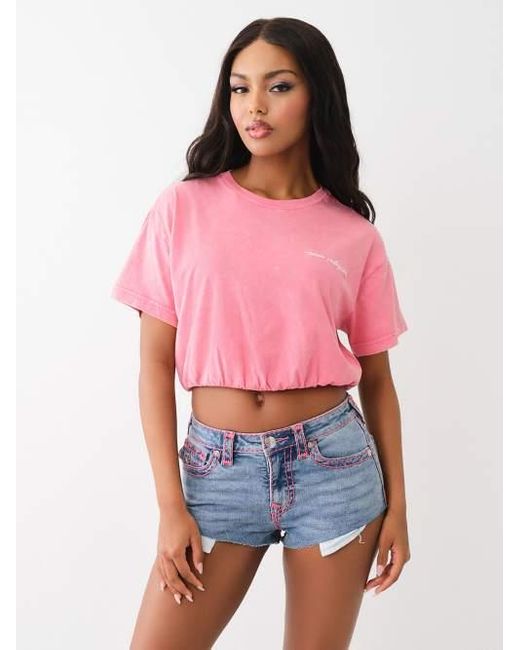 True Religion Pink Embroidered Crop Bubble Top