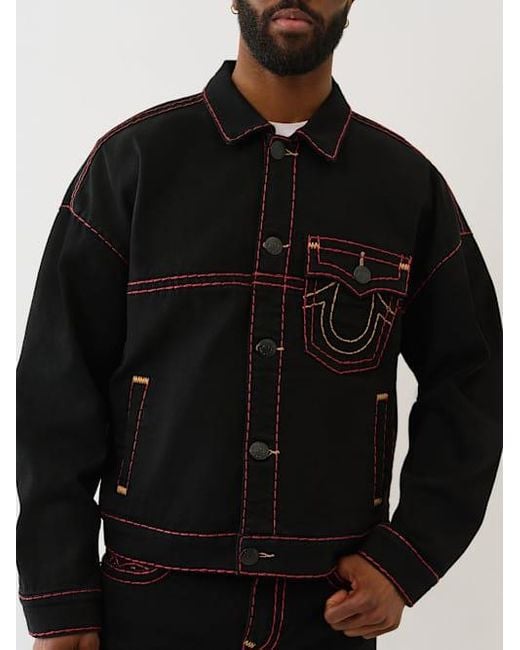 True Religion Black Super T Cropped Denim Jacket – Distressed Trucker With Contrast for men