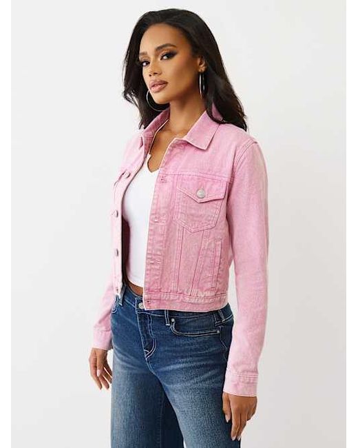 True Religion Red Acid Wash Cropped Trucker Jacket