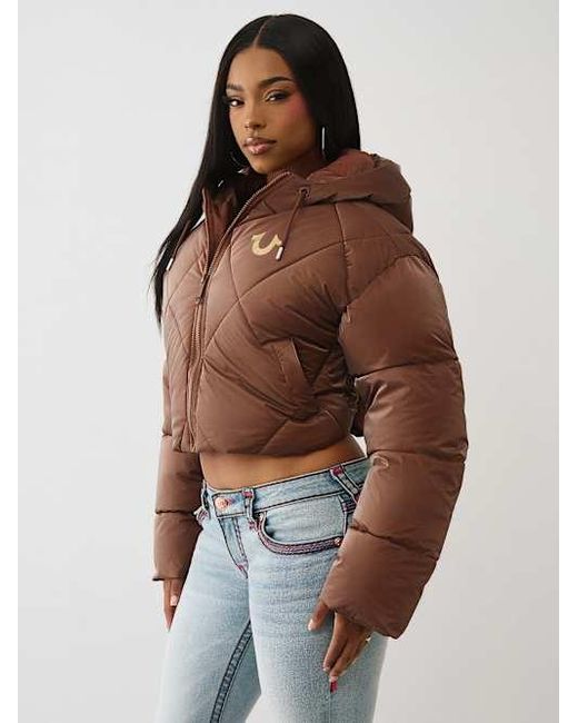 True Religion Brown High-shine Hooded Puffer Jacket